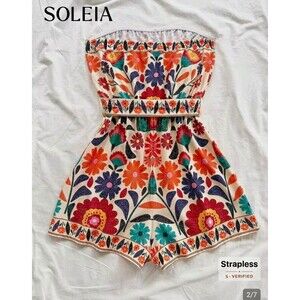 SOLEIA Strapless Floral Bow Tie Romper M Woven Polyester Multicolor